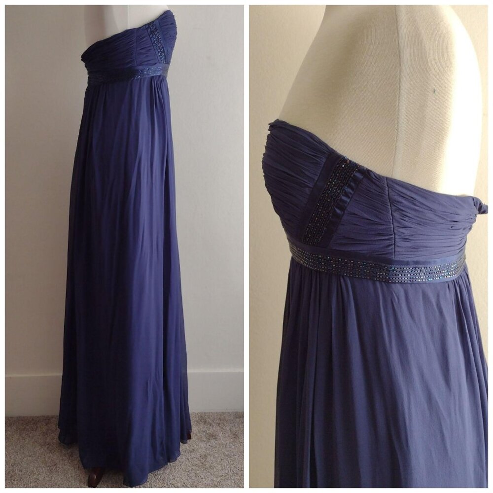 BCBG Max Azaria 100% Silk Beaded Gown 8 Strapless Prom Dress Navy Blue Grecian - Picture 6 of 11